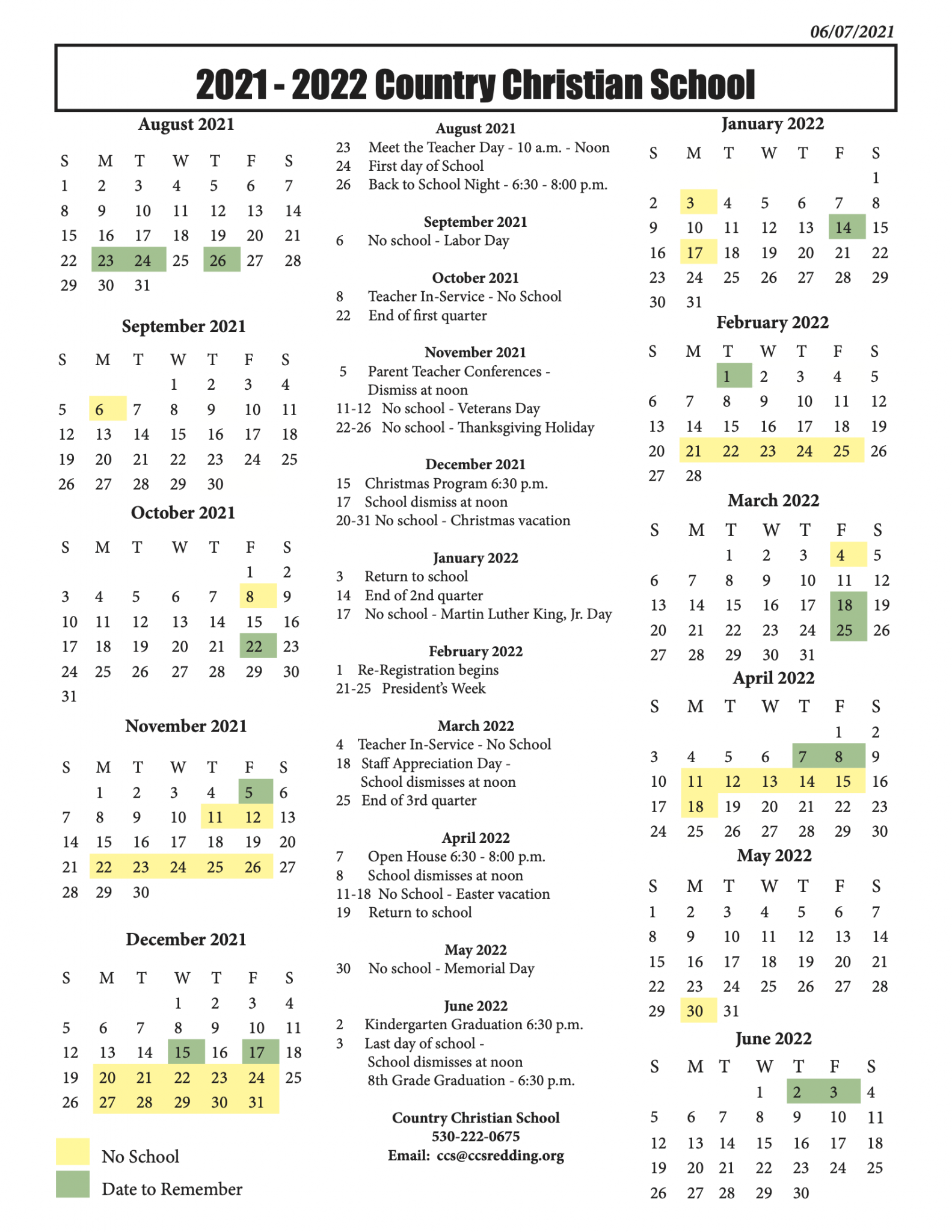 Annual Calendar – Country Christian School