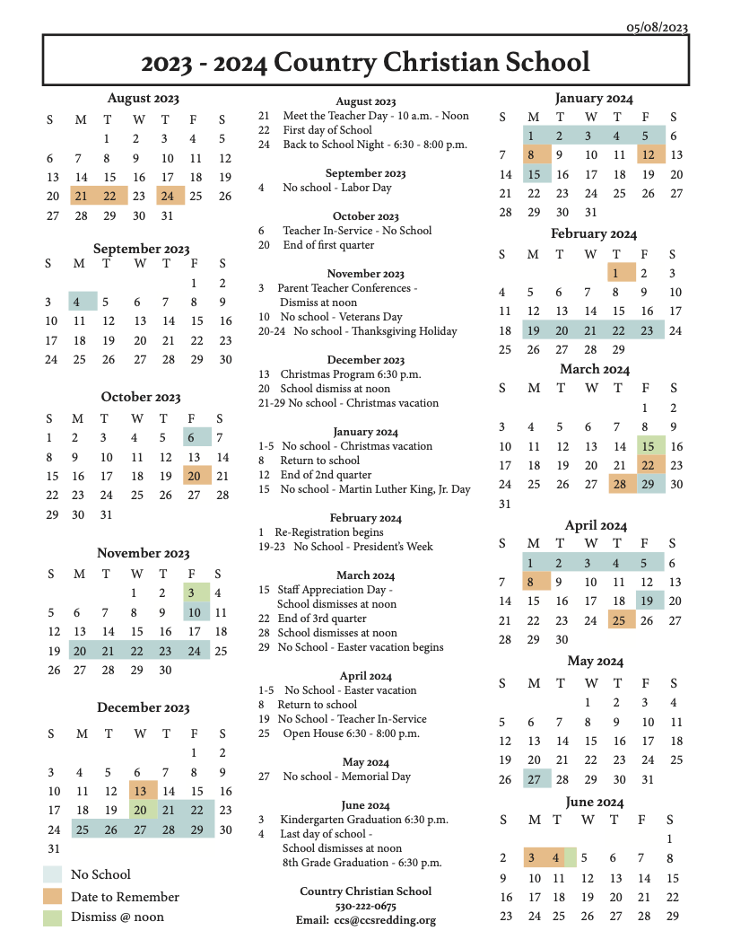 Annual Calendar Country Christian School