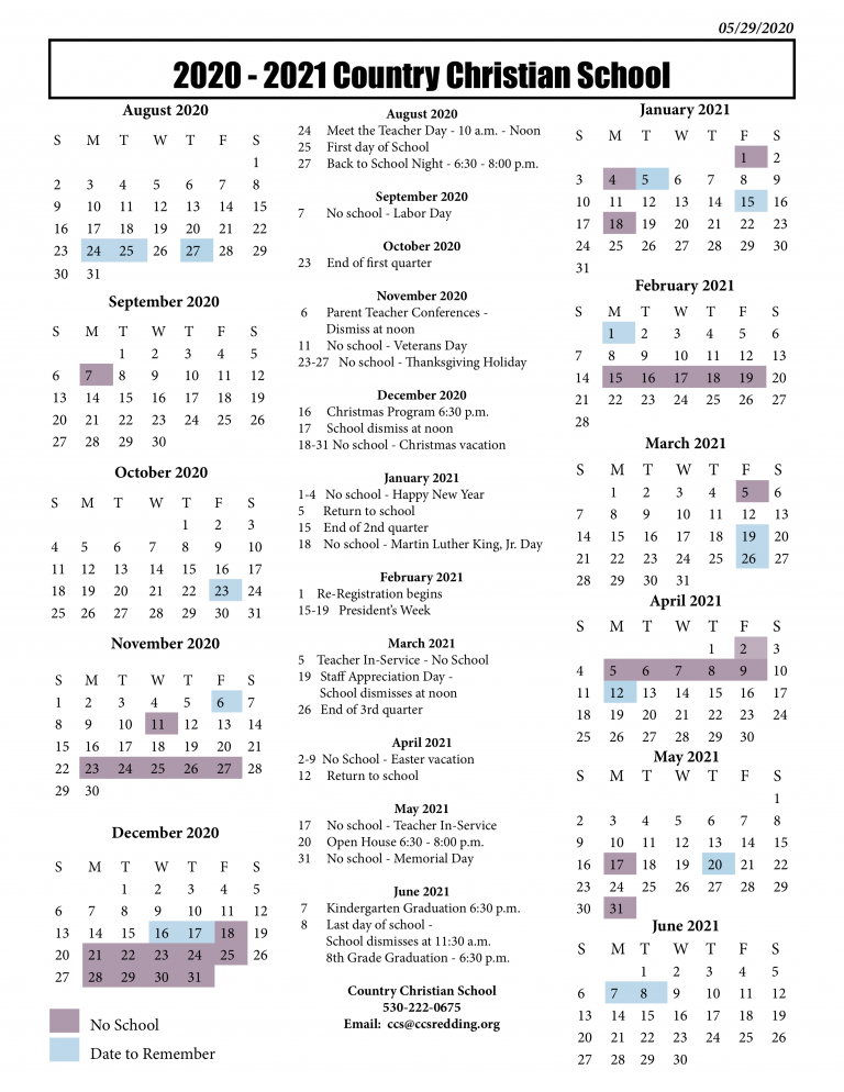 Annual Calendar Country Christian School